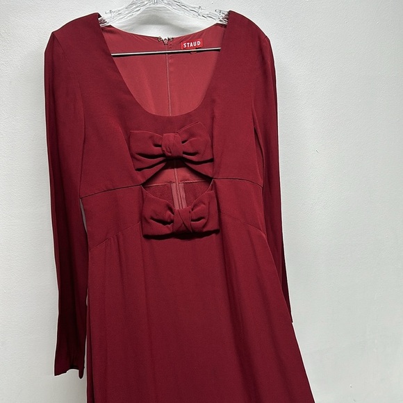 Staud Lido Dress Maxi Long Sleeve Cutout Bow Evening Gown Dark Red New Size 8 - Picture 4 of 13